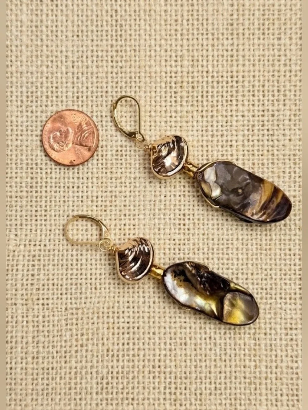 Rustic Brown Mother Of Pearl MOP In Long Drop Down Artisan Made Earrings